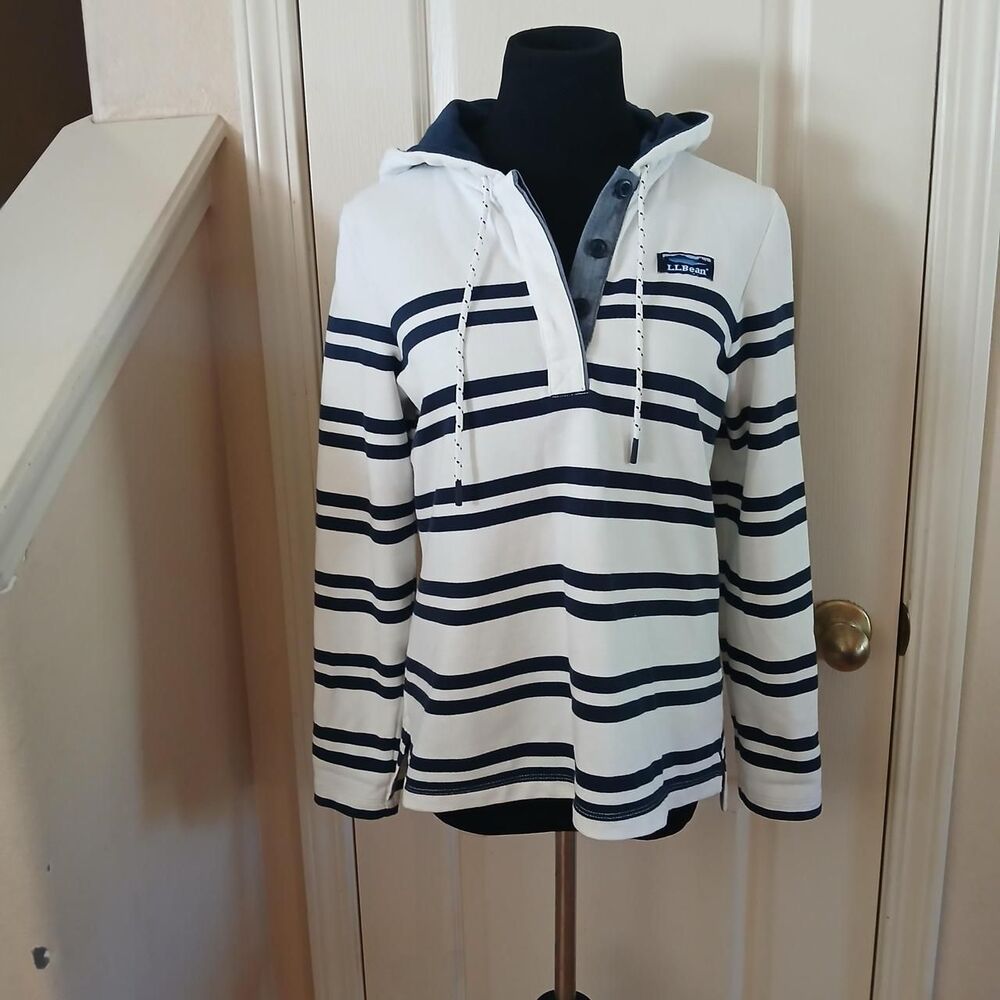 L.L.Bean White & Navy Nautical Striped 100% Cotton Quarter Button Hoodie XS P